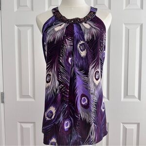 Cache Y2K Embellished Purple Beaded Peacock Feather Detail Sleeveless Top Size 2